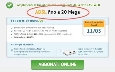 Schermata pagina di sottoscrizione Fastweb