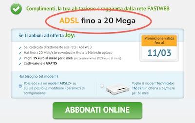 Schermata pagina di sottoscrizione Fastweb