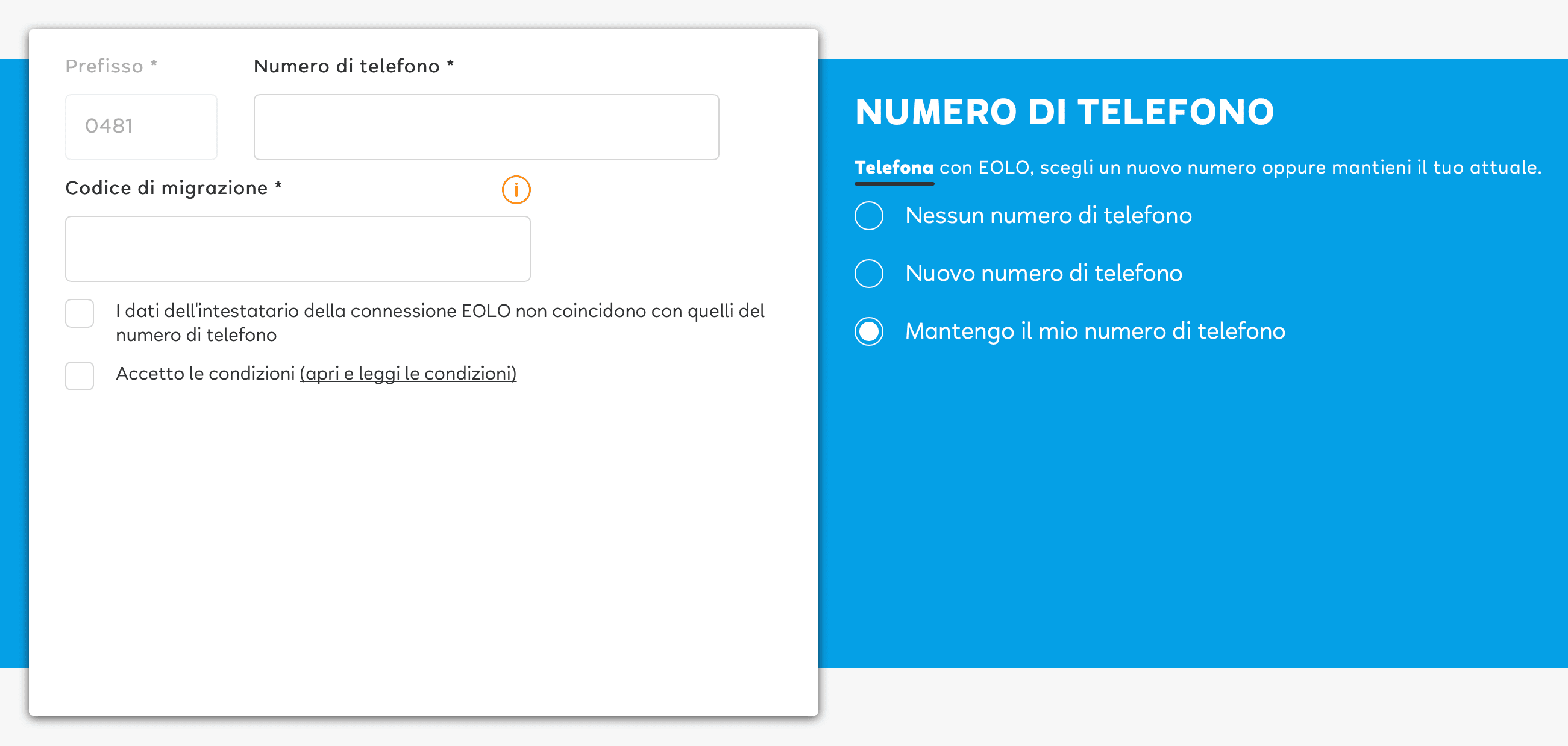Eolo Portabilità numero di telefono. Screenshot della procedura online