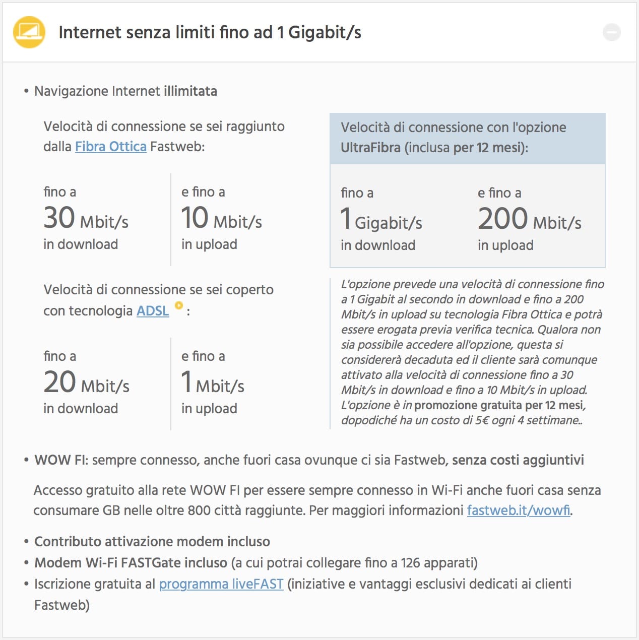 Velocità adsl e fibra certificata Fastweb INTERNET + TELEFONO