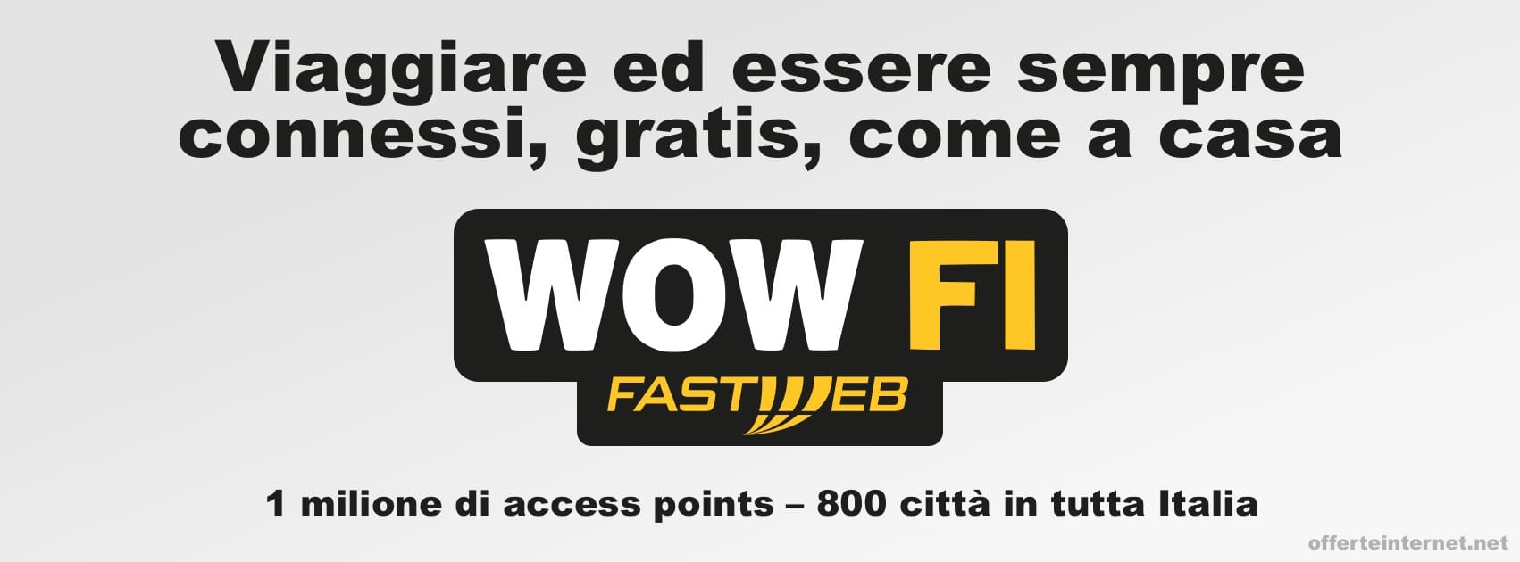 Navigare gratis ovunque tu sia. Con WOW FI di Fastweb oggi si può. Una gigantesca rete wifi gratis. 1 milione di hotspot in oltre 800 città.